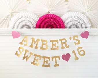Glitter Sweet 16 Banner - 5 inch Letters - Sweet 16 Party Decor Sweet 16 Garland 16th Birthday Party Decorations Gold Custom Name Banner