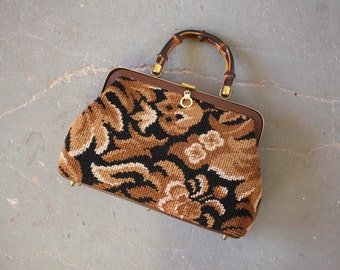 vintage 1960s purse / 60s tapestry handbag / 60s brown needlepoint purse / 60s brown floral carpet bag / real bamboo handle purse
