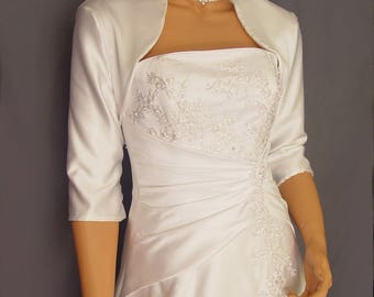 Satin bolero jacket wedding shrug bridal coat 3/4 sleeve cover up SBA101 AVAILABLE in white and 5 other colors. Small through plus size!