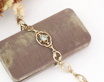 Antique 1920s Bracelet | Vintage Blue Crystal Bracelet | Art Deco Bracelet | Two Tone Gold Filled Bracelet