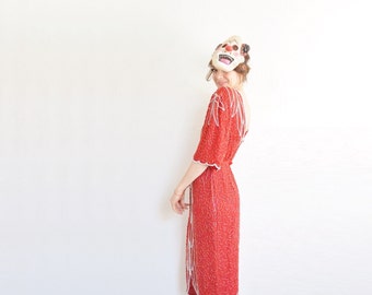 red sequin razzle dazzle beaded gown . 1980 trophy wife dress .medium.large .donate good cause .sale
