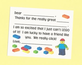 Lego Inspired Cards - Fill in the Blank Thank You Cards, Building Block Cards, Boys and Girls Birthday Thank You Cards, Easy Thank You Cards
