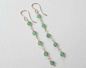 Green Aventurine Earrings - Long Dangle Earrings Sterling Silver Beaded Earrings Rosary Earrings Beadwork Earrings Rosary Chain