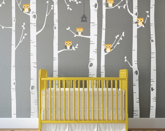 Birch Tree Wall Decal, Birch Tree With Owls Wall Sticker Set, Birch Tree Decal, Baby Nursery Wall Stickers W1112