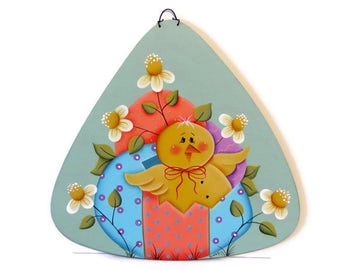 Spring Chick with Easter Eggs and Daisies Sign, Handpainted Wood, Hand Painted Home Decor Wall Art, Wall Hanging, Tole Painting, B7
