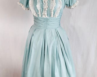 Vintage 1950s SkyBlue Cotton Dress Lacey Bodice