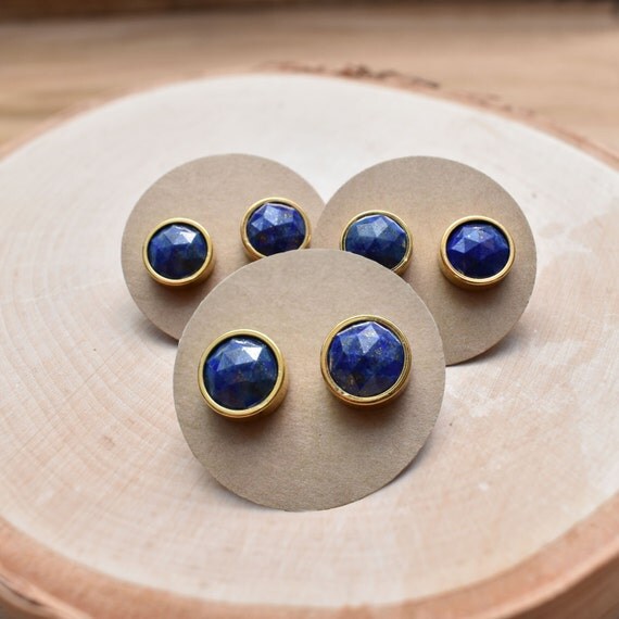 Gold Round Lapis Lazuli Stud Earrings/ Gold Stud by EwelinaPas