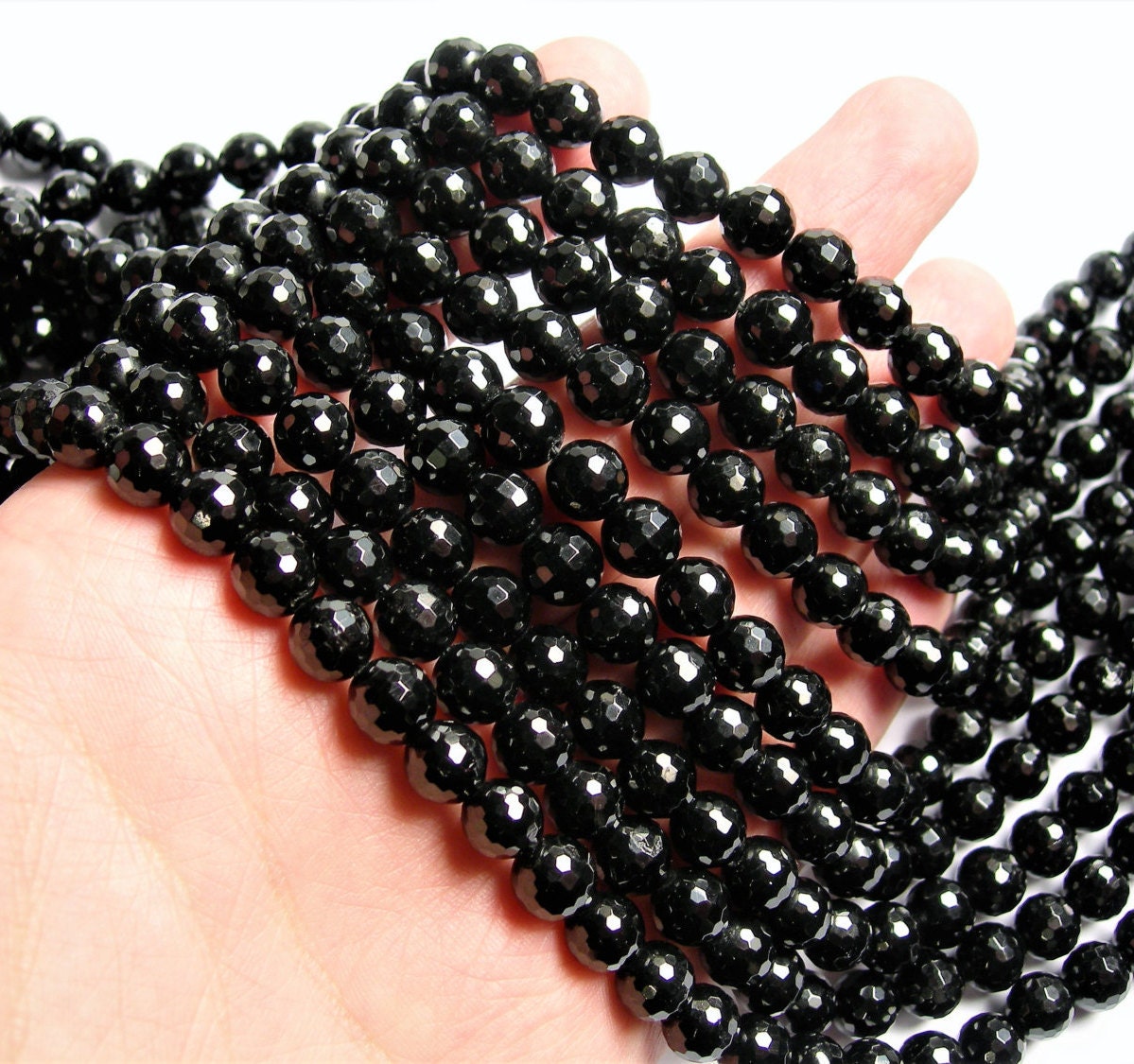 Black Tourmaline 8mm Faceted Round Beads Full Strand 48