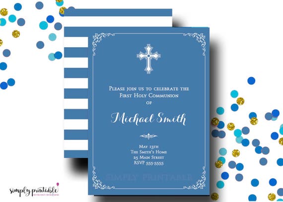 Communion Invitation Boys, 1st Communion Invite, Baptism, Christening, Religious, Blue Il_570xn
