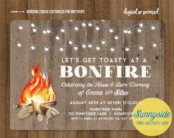 Bonfire invitation // for housewarming, barn warming, birthday, engagement party etc. // printable or printed invitation toasty toasted
