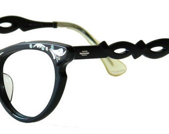 Vintage 1950s Black Cat Eye Eyeglass Frames Size Small
