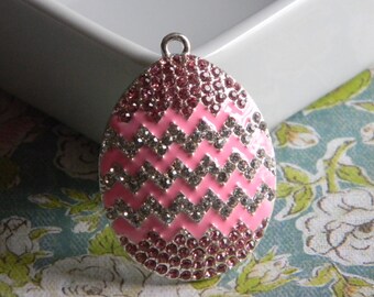 Easter Egg Rhinestone Pendant Silver & Pink for Bubble Necklace Key Chain Zipper Pull Jewelry Ornament Easter Basket Spring Chevron Pattern