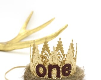 Wild One || First Birthday || Where Wild Things Are inspired || MINI faux fur trimmed || Harlow gold lace crown headband|| Original Design