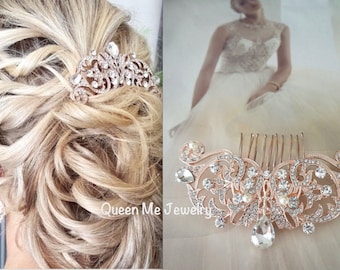 Rose gold hair comb ~ Brides hair comb ~ Teardrop rhinestone, hair accessories ~ Crystal hair comb ~ Hair Jewelry ~ Wedding accessories