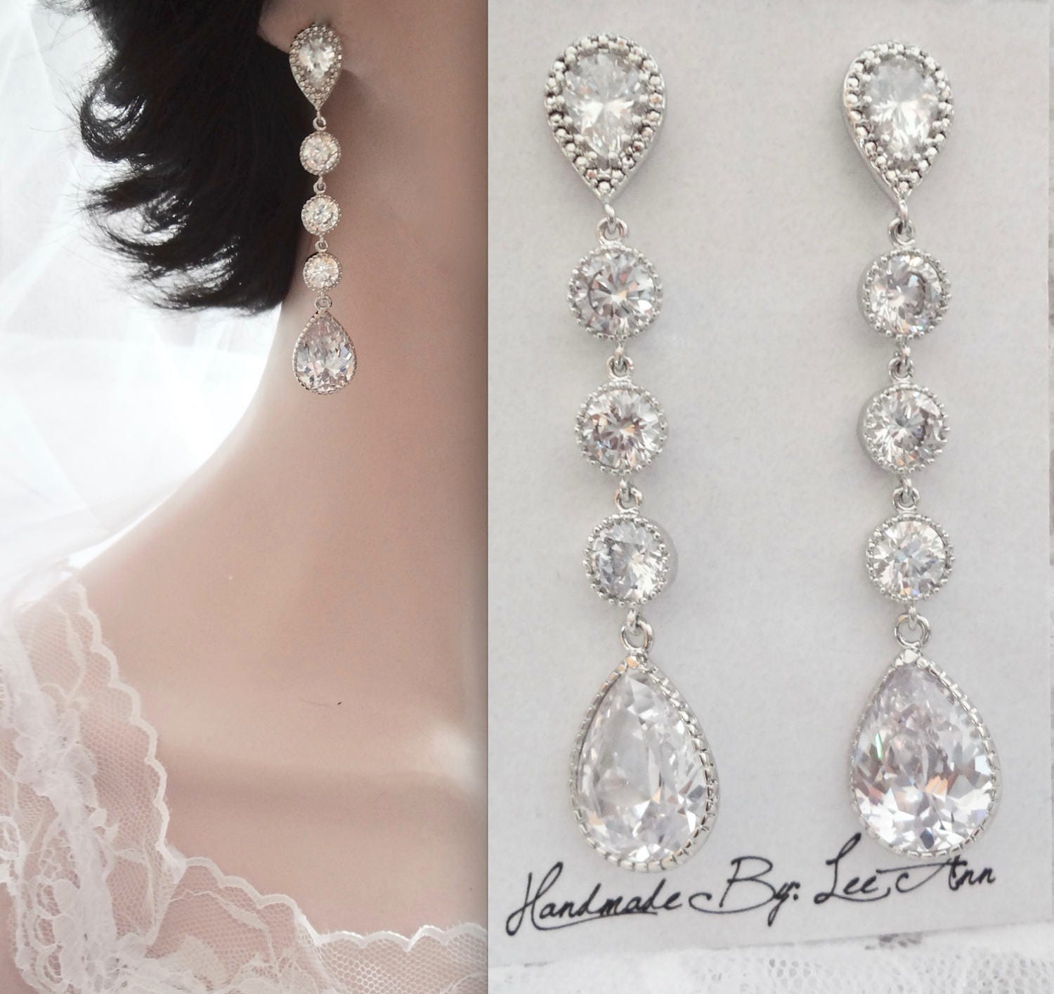 Long Cubic Zirconia earrings Sterling silver posts Bridal