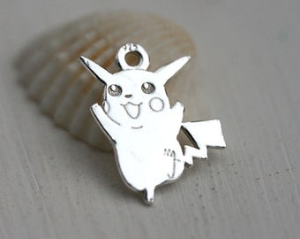 Silver Pikachu Pokemon charm, Sterling silver 925, Pokemon game, Pikachu pendant, 13mm - 1pc - F499