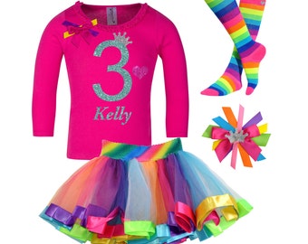 3rd Birthday Outfit Girls Birthday Outfit Rainbow Birthday Party Rainbow Tutu Set Birthday Hair Bow Rainbow Socks Personalized Name 3