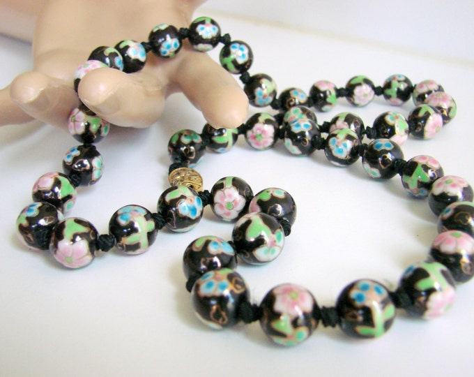 Mid Century Cloisonne Chinese Export Black Floral Bead Necklace Hand Knotted Filigree Clasp Vintage Jewelry Jewellery