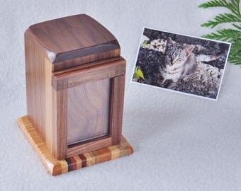 Small Wood Pet Urn -Photo Frame, Lift-Up - cat urn - solid walnut -for ashes - dog, rabbit - Optional Engraved Brass Plate Available SAW99