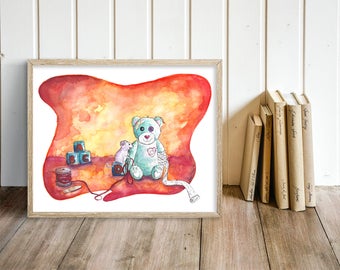 Unique Nursery Wall Art - Teddy Bear Nursery Painting - Orange Bear & Mouse Watercolor Art Print - Gift for Nurse Doctor Pediatrician