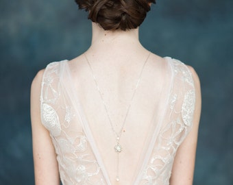 Silver Crystal Drop Back Necklace, Crystal Backlace, Flower Back Necklace, Flower Necklace, Silver Bridal Necklace, Y Drop Necklace, MAVIS