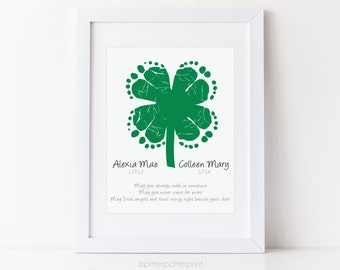 Twins, Sibling St Patricks Day Baby Footprint Four Leaf Clover, Shamrock, Irish Blessing Personalized with Your Child's Feet, UNFRAMED