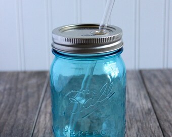 16 oz. Blue Mason Jar Tumbler and Plastic OR Glass Reusable Straw - Pint Size