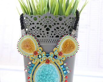 Colorful soutache necklace, Statement soutache necklace, Soutache jewelry, Turquoise necklace, Embroidered necklace, Multicolor necklace