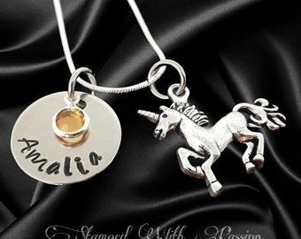 Unicorn Necklace with name plate and birthstone - Daughter necklace, sister necklace. little girl necklace, grand daughter necklace, Unicorn