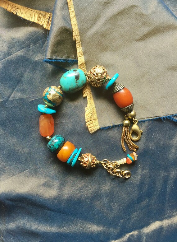 Boho Asian Gemstone Amulet Bracelet Tibetan Vintage Hand Made