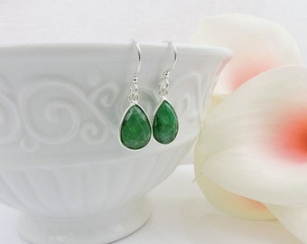FREE US Ship Sterling Silver Emerald Teardrop Earrings Silver Emerald Earrings Real Emerald Earrings May Birthstone May Birthday