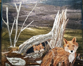 Fox and baby Landscape quilt, Home Decor, mini quilt, Nursery Decor, Wall hanging, Fiber Art, Fox art, Thread Painting