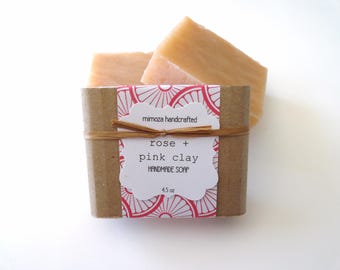 Handmade Rose Pink Clay Soap, Cold Process Soap, Vegan Soap 4.5oz