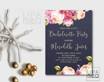 Printable Bachelorette Invitation, Floral Bachelorette Party Invitation Printable, Navy Bachelorette Invite, Hens Night Invitation
