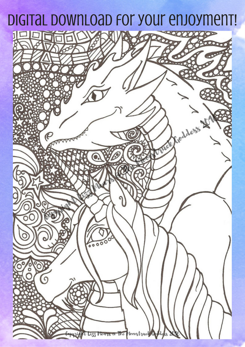 Dragon and Unicorn Heads Zentangle Adult Colouring Page