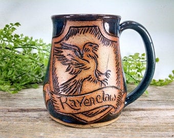 Ravenclaw Mug - 16 oz Bright Blue Wheel Thrown Hand Carved Coffee Cup