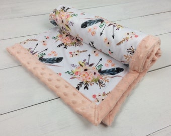 Baby blanket, Minky blanket, floral blanket feather blanket, Pink peach blanket, baby shower gift birth, girl blanket personalized blanket
