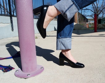 Black Leather Block Heel Pumps