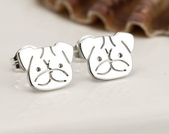 Sterling Silver Pug Earrings - Pug Stud Earrings - Pug Gifts