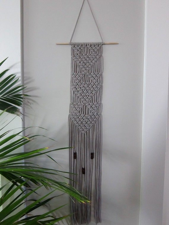 Handmade Narrow Gray Macrame Triangles Wall Hanging with