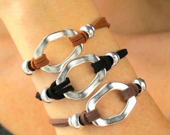 Leather Cuff Bracelets for Women-Leather and Silver Bracelet-Womens Leather Bracelet-Leather Jewelry-Mothers Day Gift-Gift For Mom