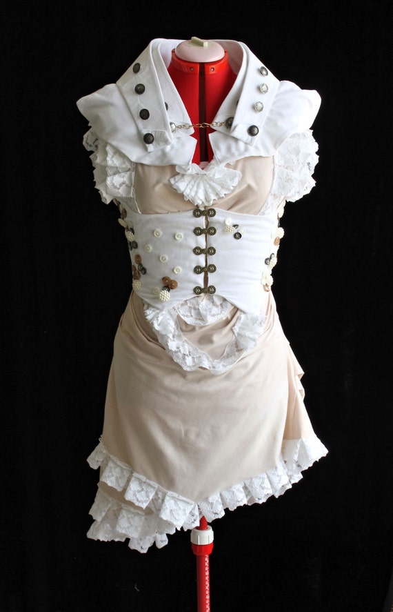 Steampunk Corset Bustle Dress with High-neck Collar Custom Size by VentriloquistCourt steampunk buy now online