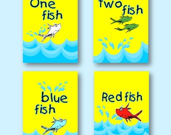 Dr. Seuss One Fish Two Fish Bathroom Red Fish Blue Fish 8"x10" Wall Art Prints - Set of 4