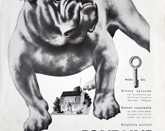 1931 vintage advertising poster for Fontaine Cle Progres security locks, bulldog vintage poster, Rene Ravo original ad, French magazine ad