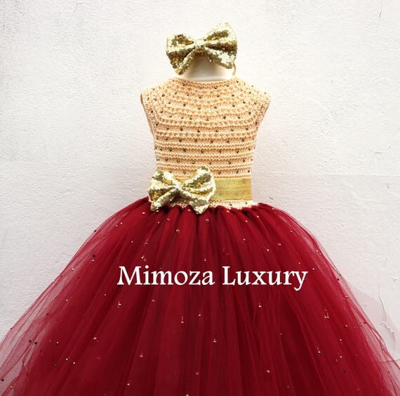 Burgundy & Gold Flower girl dress, Christmas tutu dress, bordo gold tutu dress, deep red gold bridesmaid dress, crimson gold princess dress