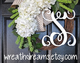 BEST SELLER! White Hydrangea Wreath. Burlap Wreath. Year Round Wreath. Spring Wreath. Summer Wreath. Monogram Wreath. Door Wreath