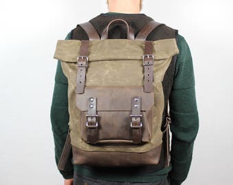 Canvas Backpack/ Leather backpack/ Waxed canvas backpack/Overnight Bag/ Carry On Luggage/ Backpack Rolltop/ Mens backpack/ Cabin Luggage