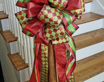 Large Christmas Tree Topper, Red and Green Tree Bow, Mailbox Christmas Bow, Harlequin Christmas Tree Topper, Mailbox Christmas Bow