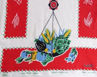 Vintage 60s Irish linen tea towel - "Echelle" - fabulous retro colours of food on scales