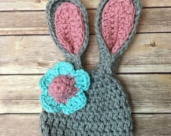 Hand Crocheted bunny photo prop hat with bright flower made to order / girl easter hat / spring photo prop for baby girl